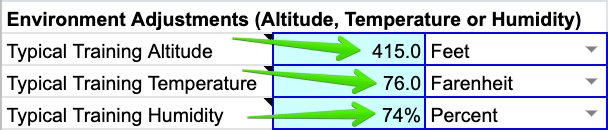 Typical Training Altitude, Temperature, and Humidity - SuperPower Calculator